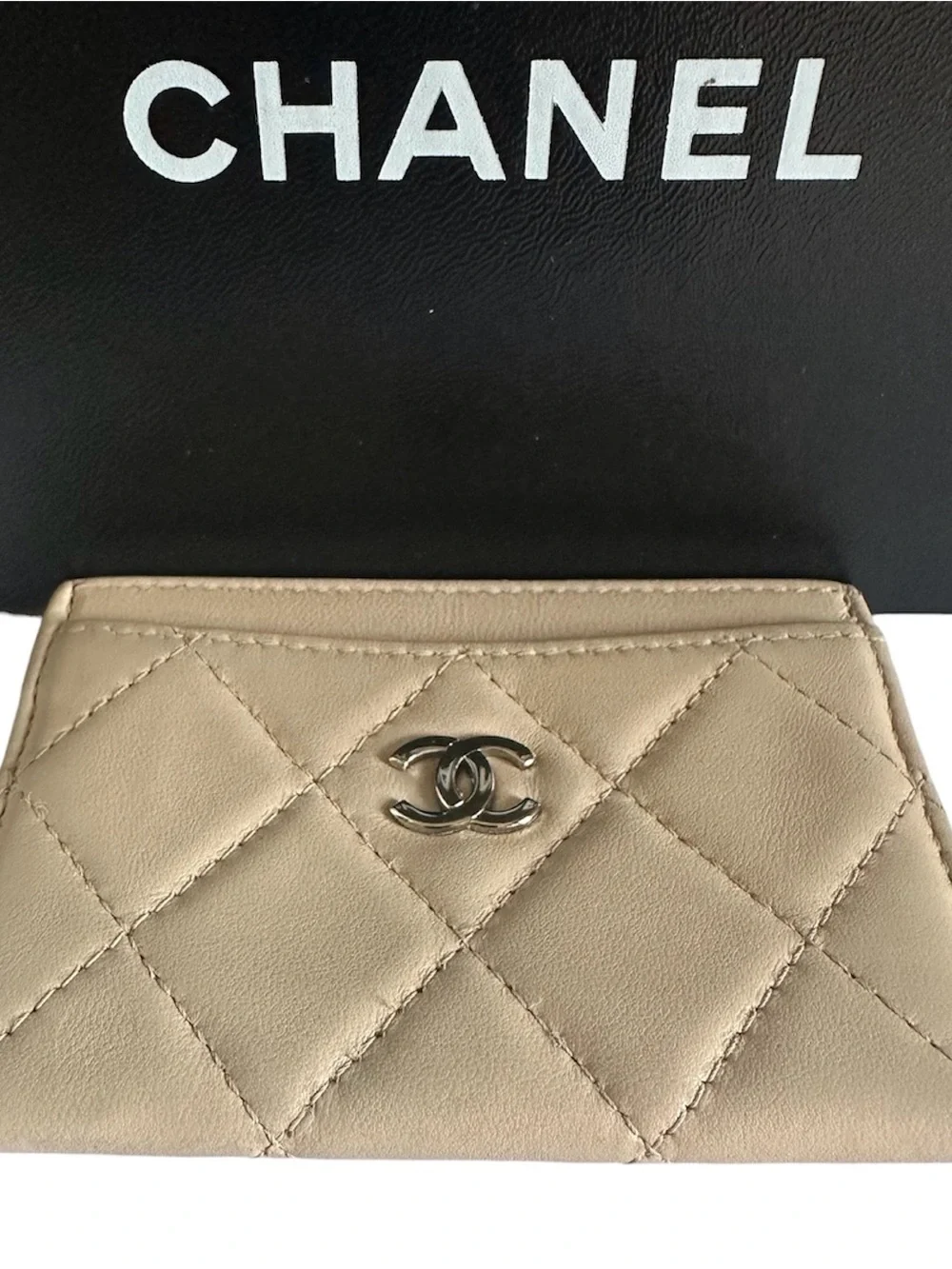CHANEL Beige Quilted Lambskin Classic Card Case Gunmetal CC Logo Box